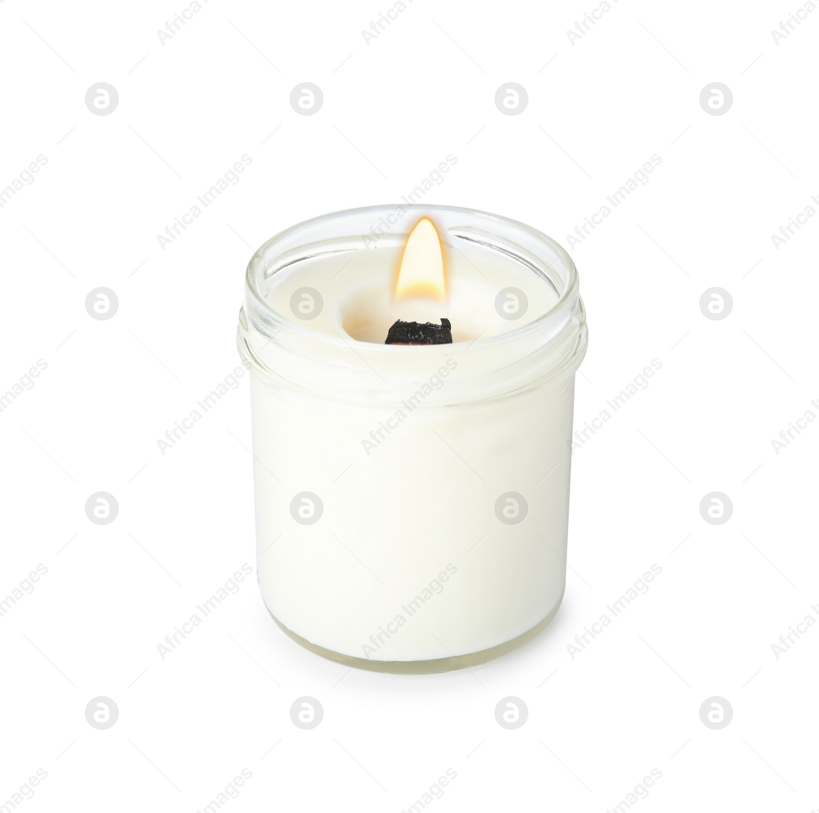 Photo of Aromatic candle with wooden wick isolated on white