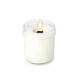 Photo of Aromatic candle with wooden wick isolated on white