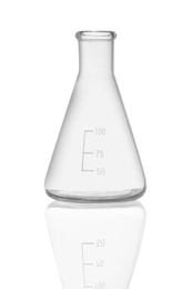 Empty conical flask isolated on white. Laboratory glassware