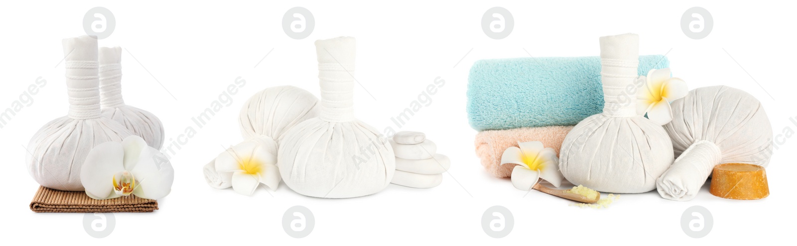 Image of Set with herbal massage bags and different spa supplies on white background. Banner design