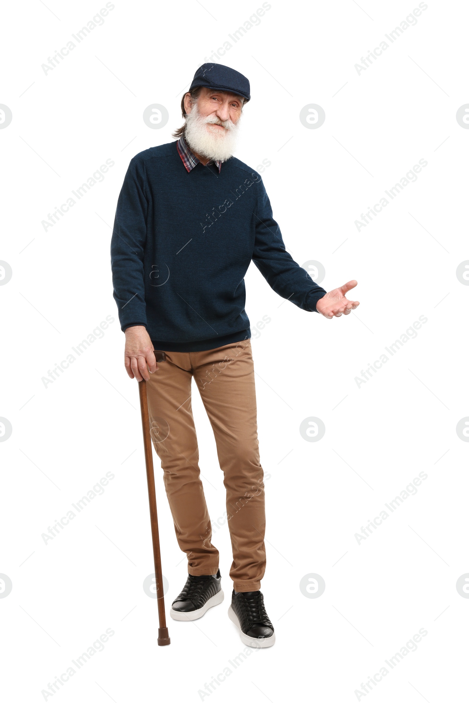 Photo of Senior man with walking cane on white background