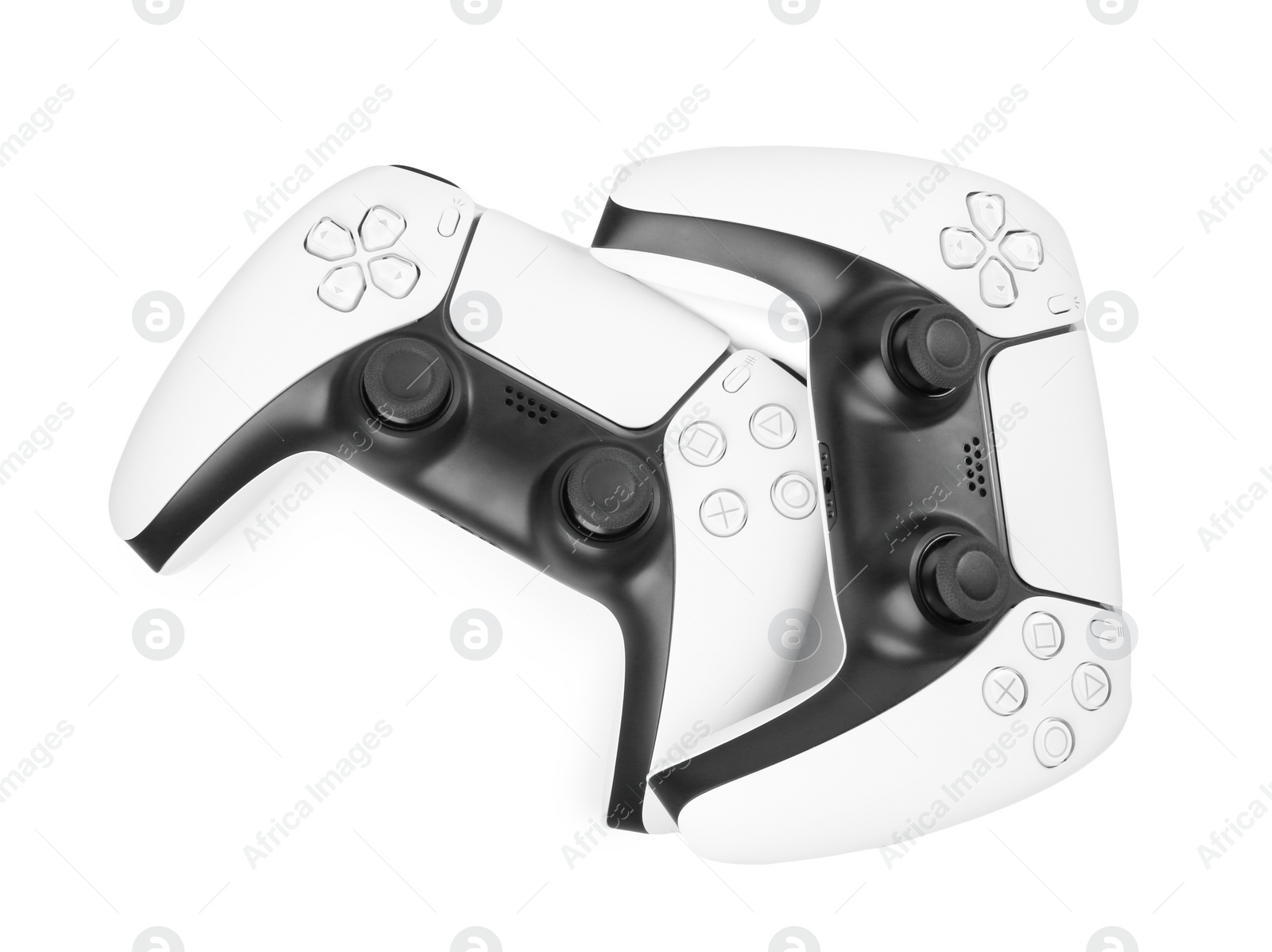 Photo of Two wireless game controllers isolated on white, top view
