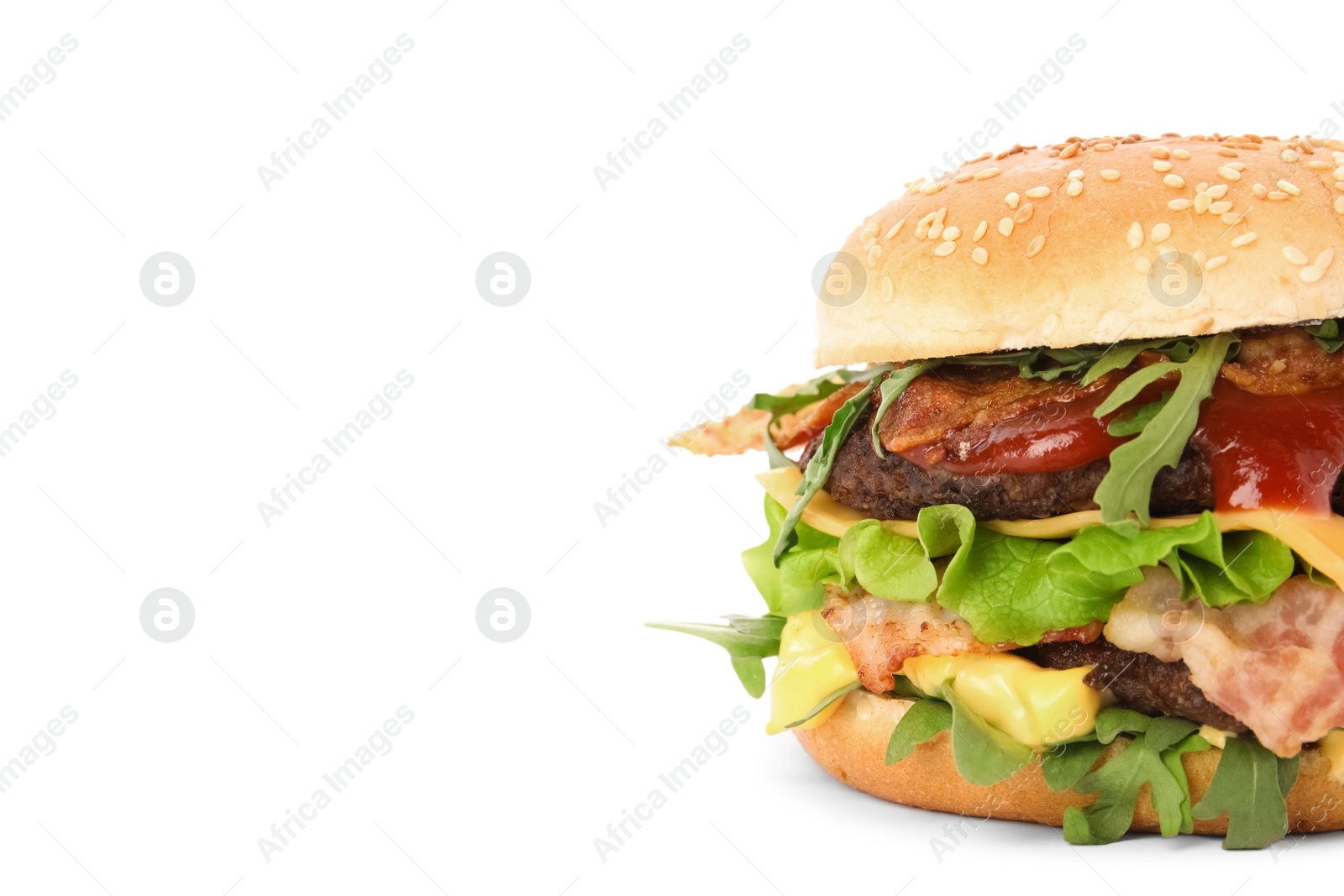 Photo of Tasty burger with bacon isolated on white