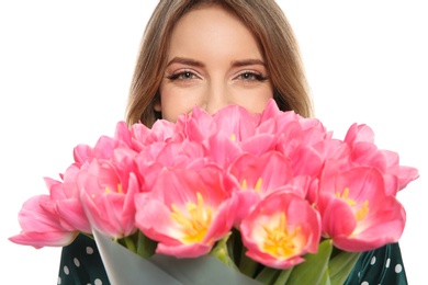 Photo of Young girl with beautiful tulips on white background. International Women's Day