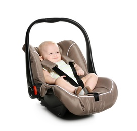 Photo of Adorable baby in child safety seat on white background