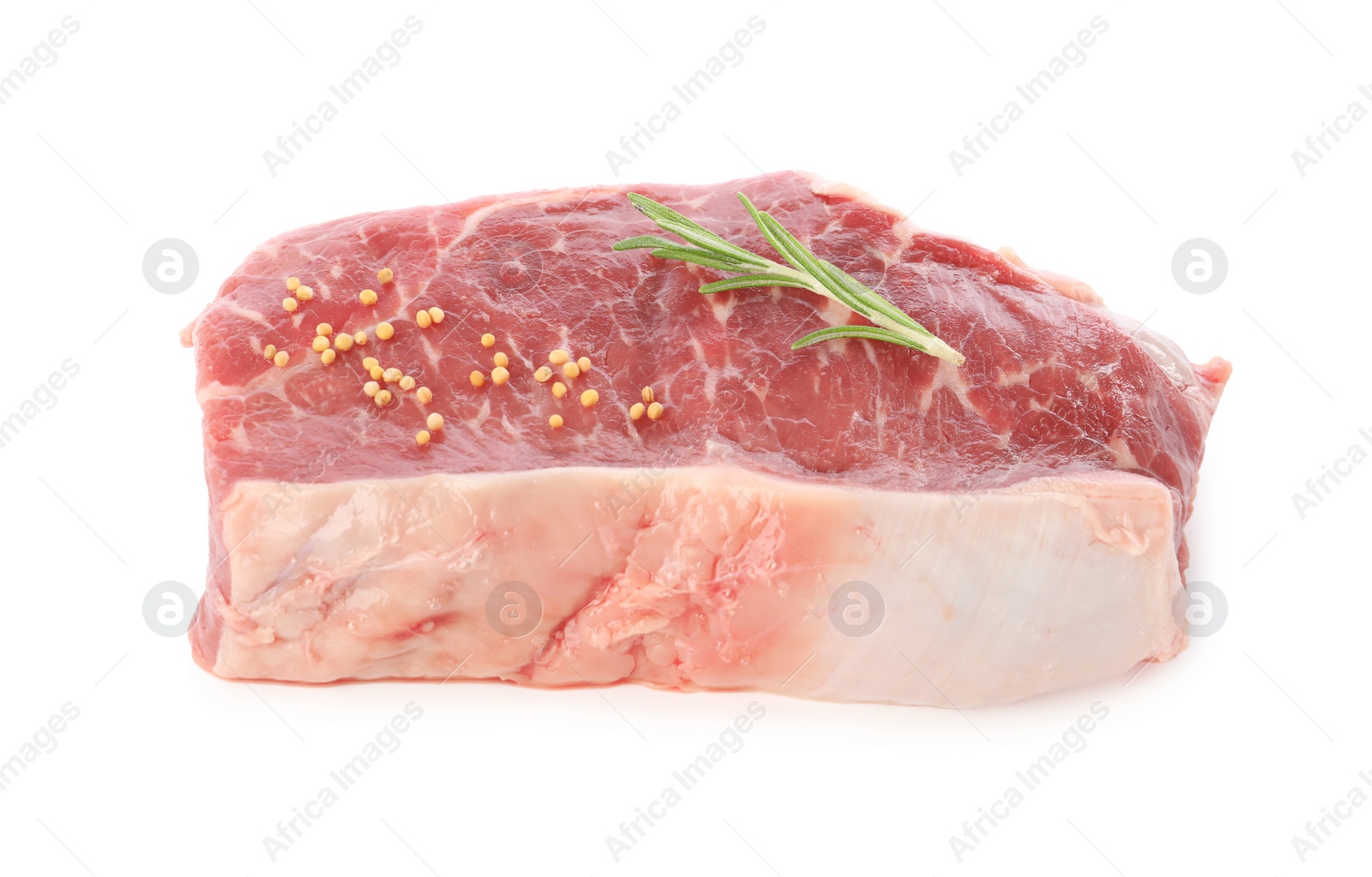 Photo of Steak of raw beef meat and spices isolated on white