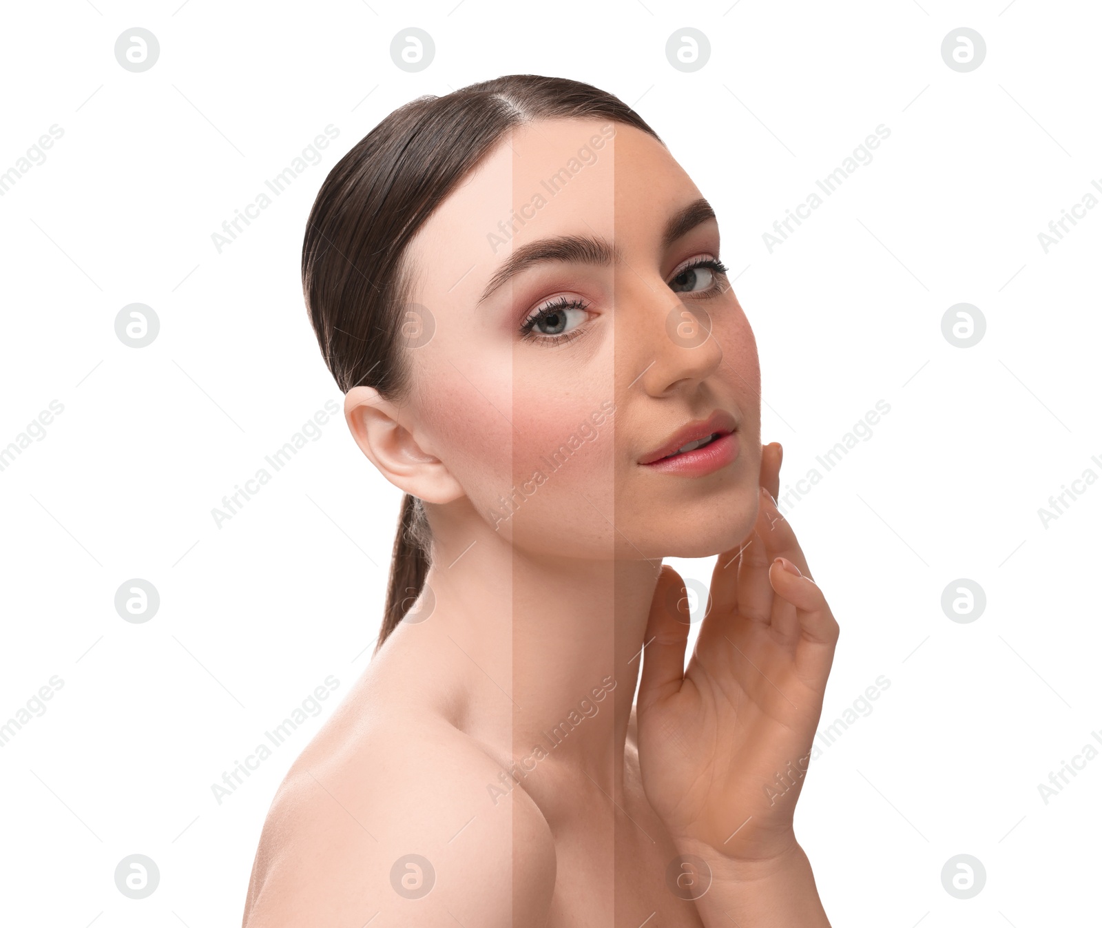 Image of Solarium tan. Combined portrait of woman with different skin tones on white background