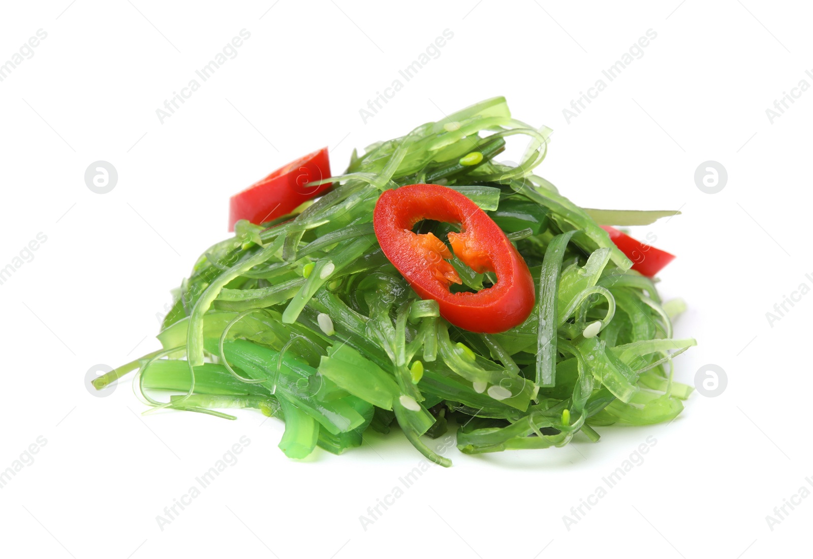 Photo of Pile of tasty seaweed salad isolated on white