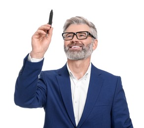 Photo of Mature businessman with marker on white background