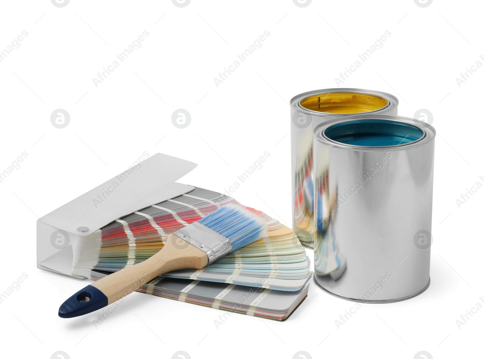 Photo of Paint cans, brush and palette on white background