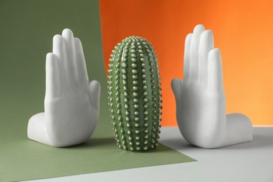 Beautiful ceramic cactus and other decor elements on color background