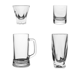 Image of Collage with different empty glasses on white background