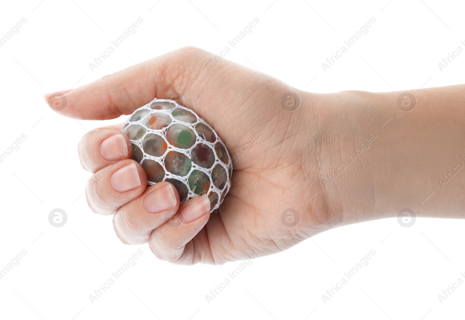 Photo of Woman squeezing colorful slime isolated on white, closeup. Antistress toy