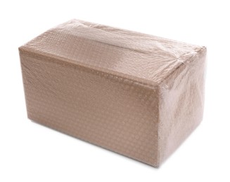 Photo of Cardboard box packed in bubble wrap isolated on white