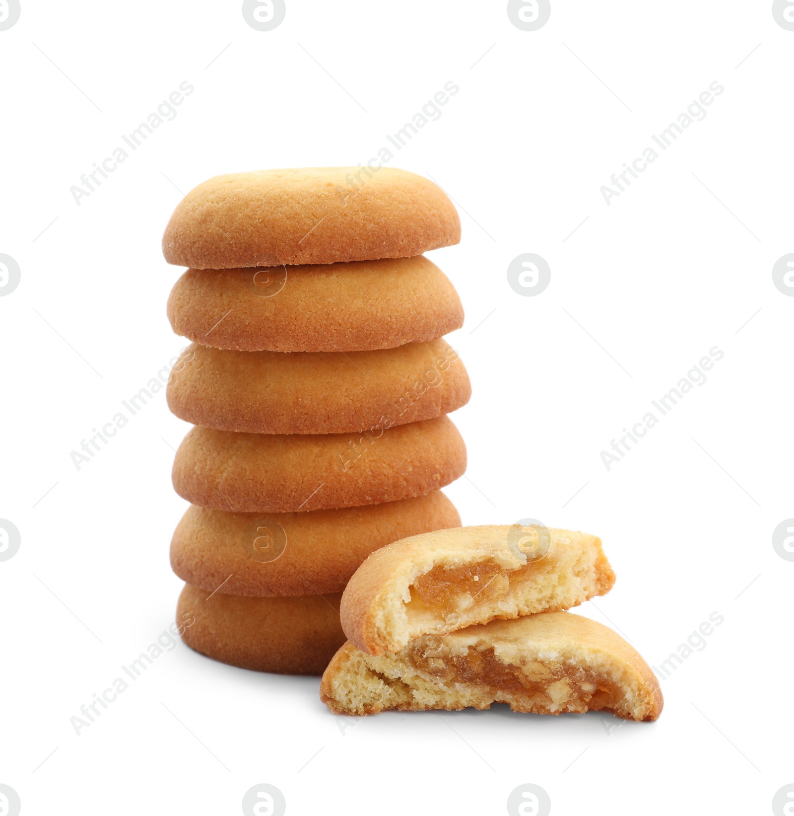 Photo of Tasty fresh shortbread cookies with filling isolated on white