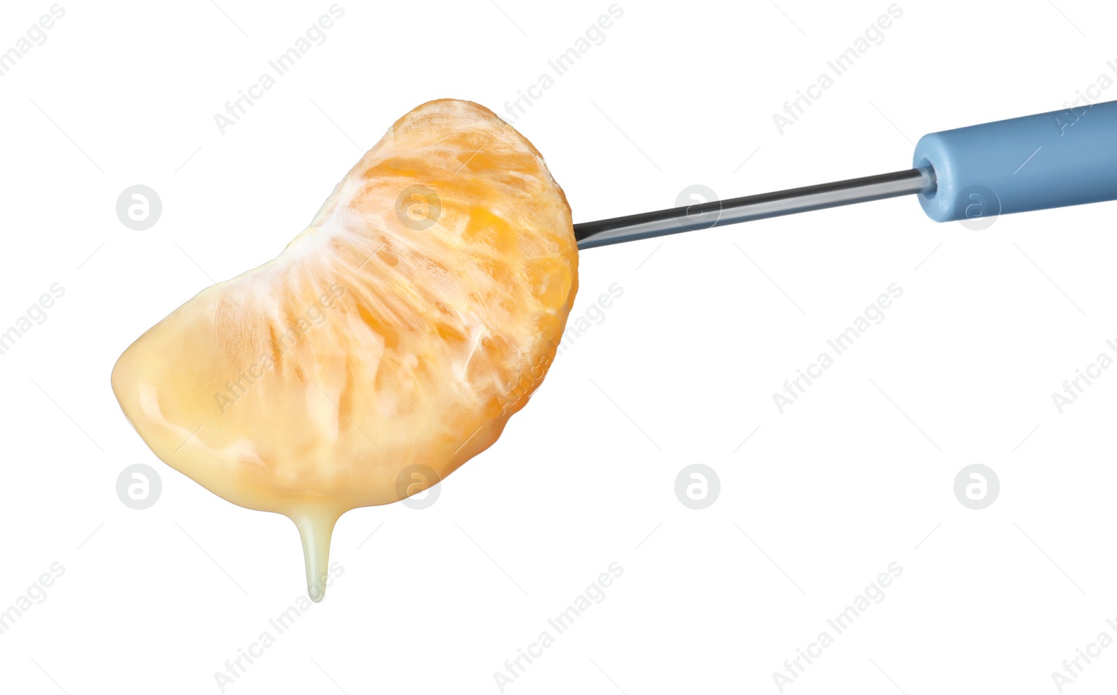 Photo of Segment of mandarin with chocolate on fondue fork against white background