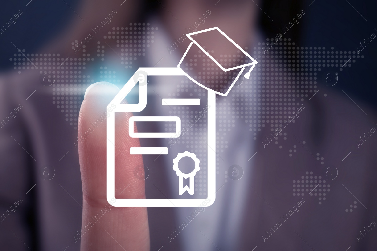 Image of Online learning concept. Woman touching diploma illustration on virtual screen, closeup