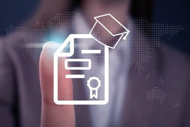 Image of Online learning concept. Woman touching diploma illustration on virtual screen, closeup