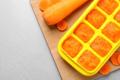 Carrot puree in ice cube tray ready for freezing on light grey table, flat lay. Space for text