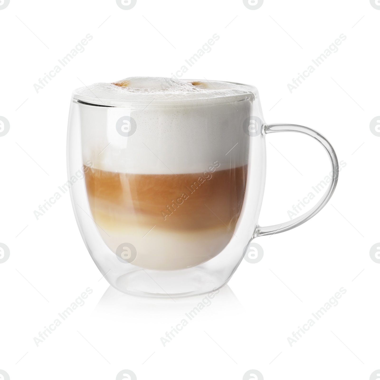 Photo of Aromatic coffee in glass cup isolated on white