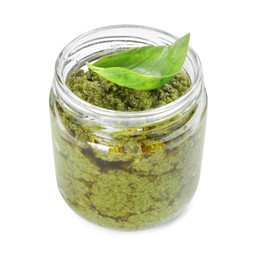 Photo of Fresh tasty pesto sauce isolated on white