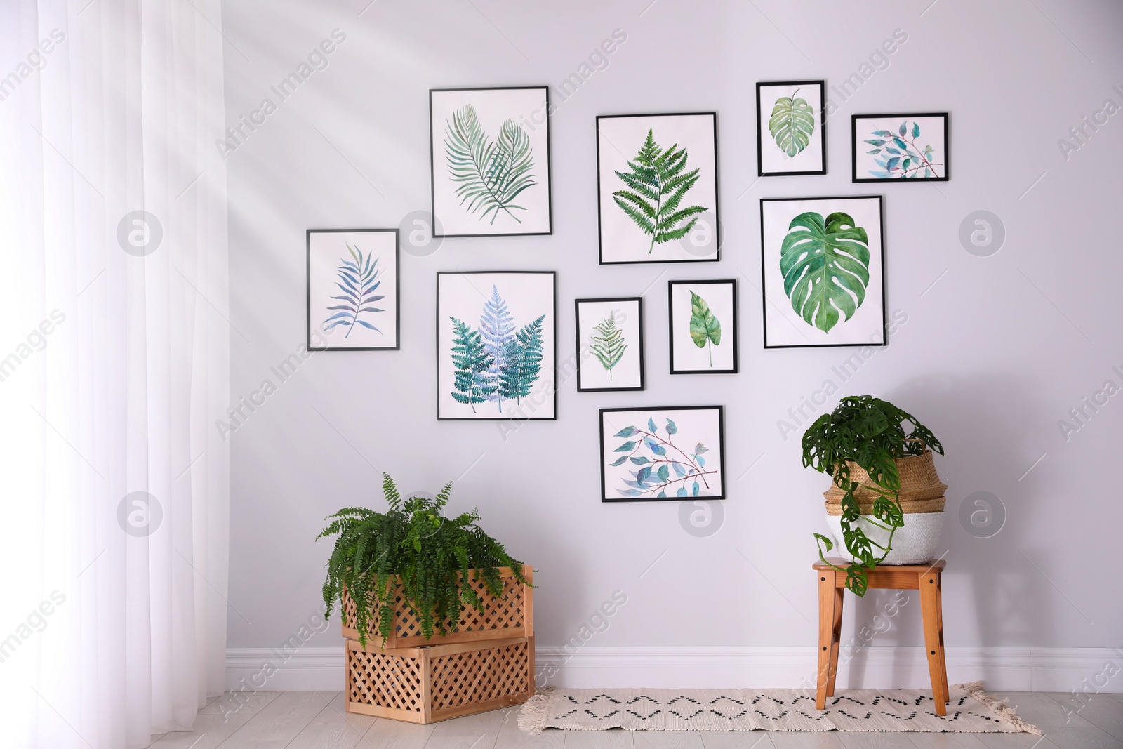 Photo of Beautiful paintings of tropical leaves on white wall in living room interior