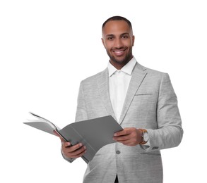 Photo of Portrait of happy man with folders on white background. Lawyer, businessman, accountant or manager