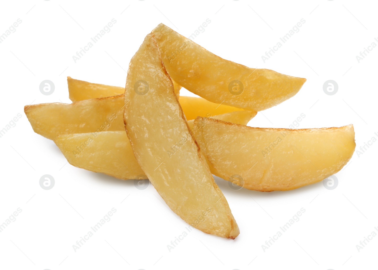 Photo of Tasty baked potato wedges on white background