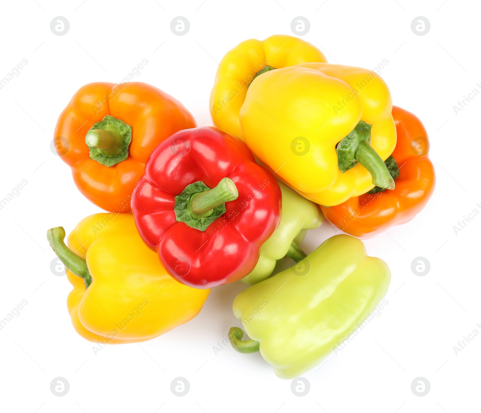 Photo of Fresh ripe bell peppers on white background, top view