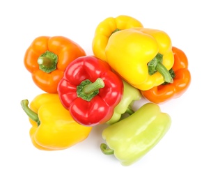 Fresh ripe bell peppers on white background, top view