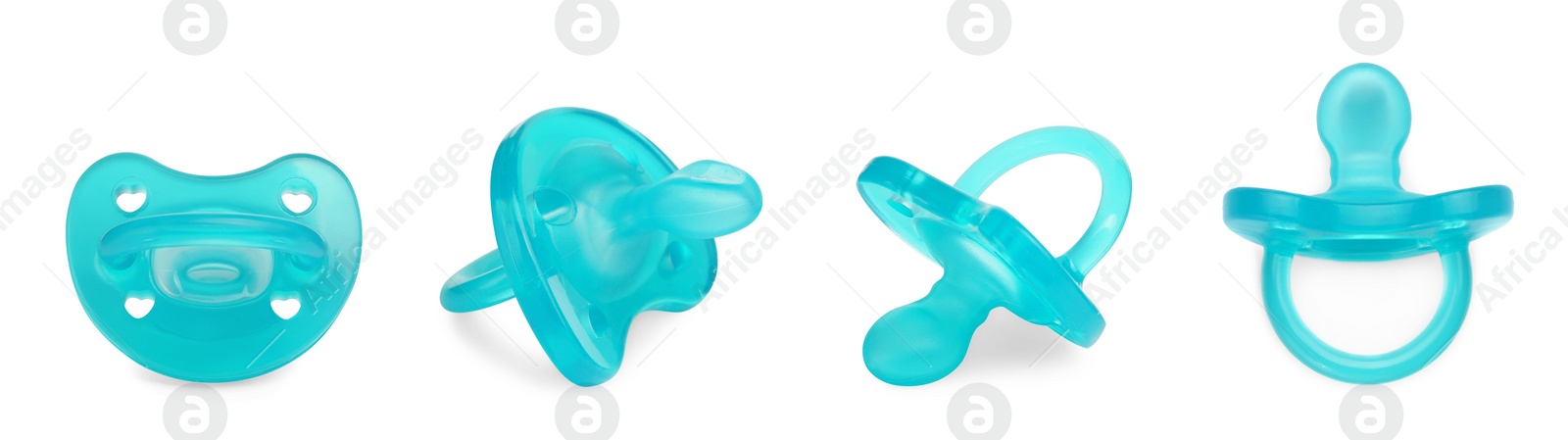 Image of Collage of light blue baby pacifier on white background, views from different sides