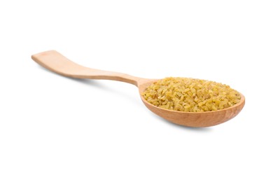 Photo of Wooden spoon with uncooked bulgur isolated on white