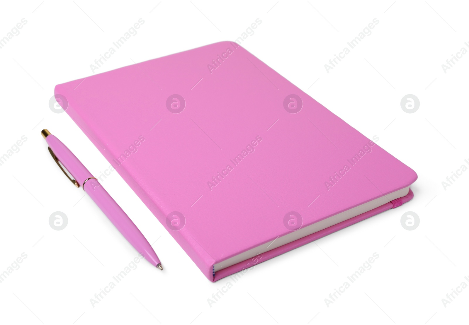 Photo of Closed pink office notebook and pen on white background