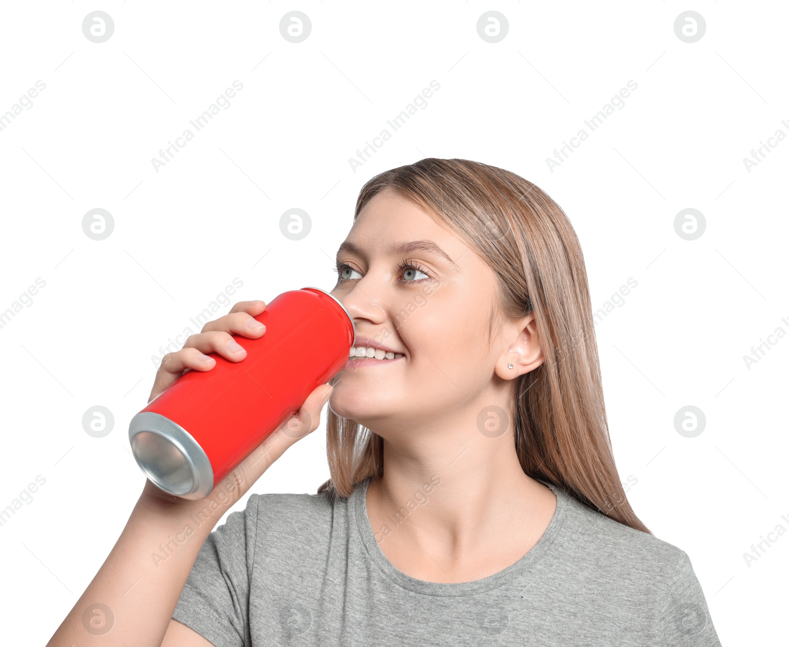 Photo of Beautiful woman drinking from beverage can on white background