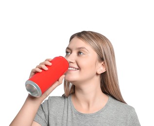 Beautiful woman drinking from beverage can on white background