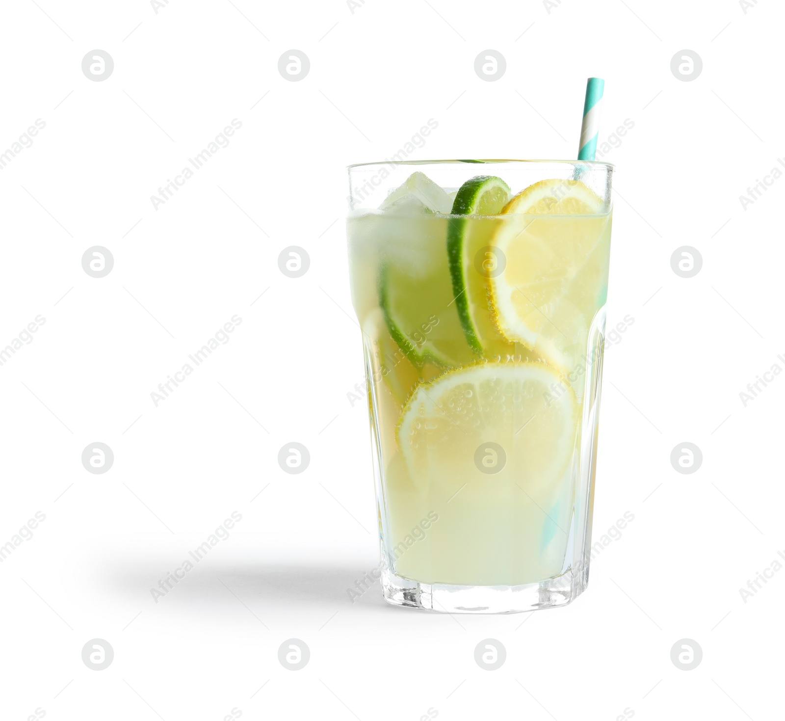 Photo of Glass of natural lemonade with citrus fruits on white background