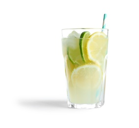 Glass of natural lemonade with citrus fruits on white background