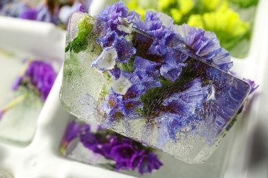 Ice cube with flowers on blurred background, closeup