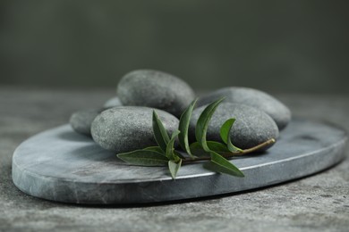 Photo of Spa stones and branch of plant on grey table, closeup