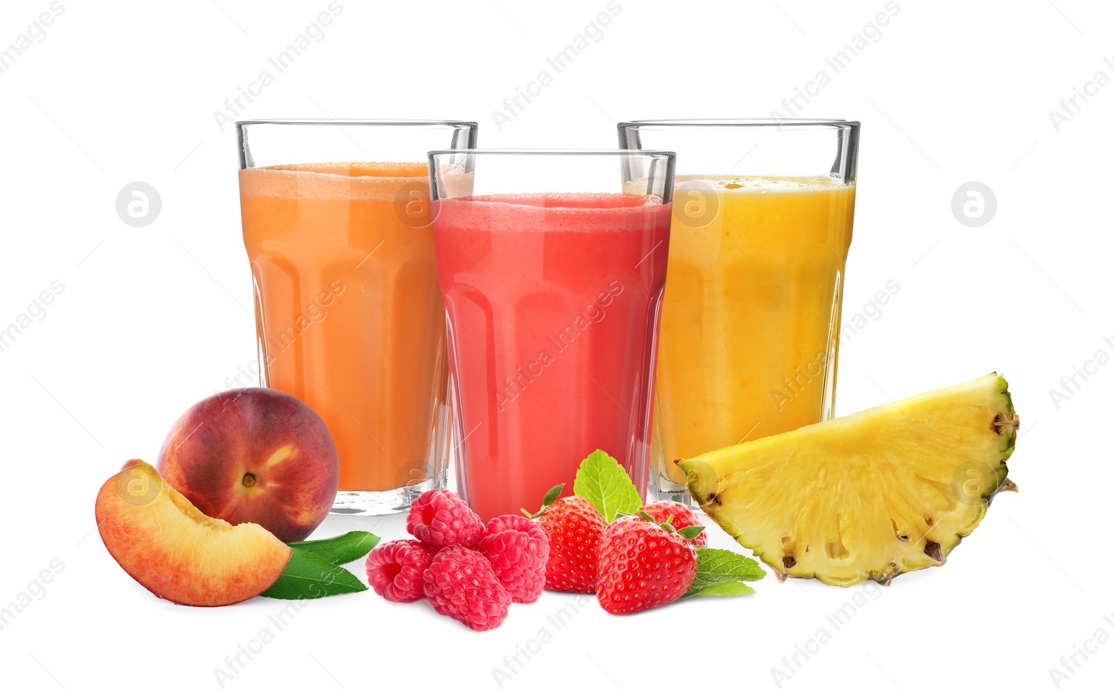 Image of Different delicious smoothies in glasses on white background