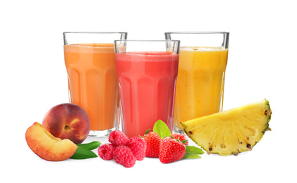 Image of Different delicious smoothies in glasses on white background