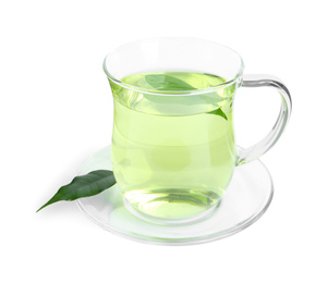 Photo of Cup of aromatic green tea with leaves isolated on white