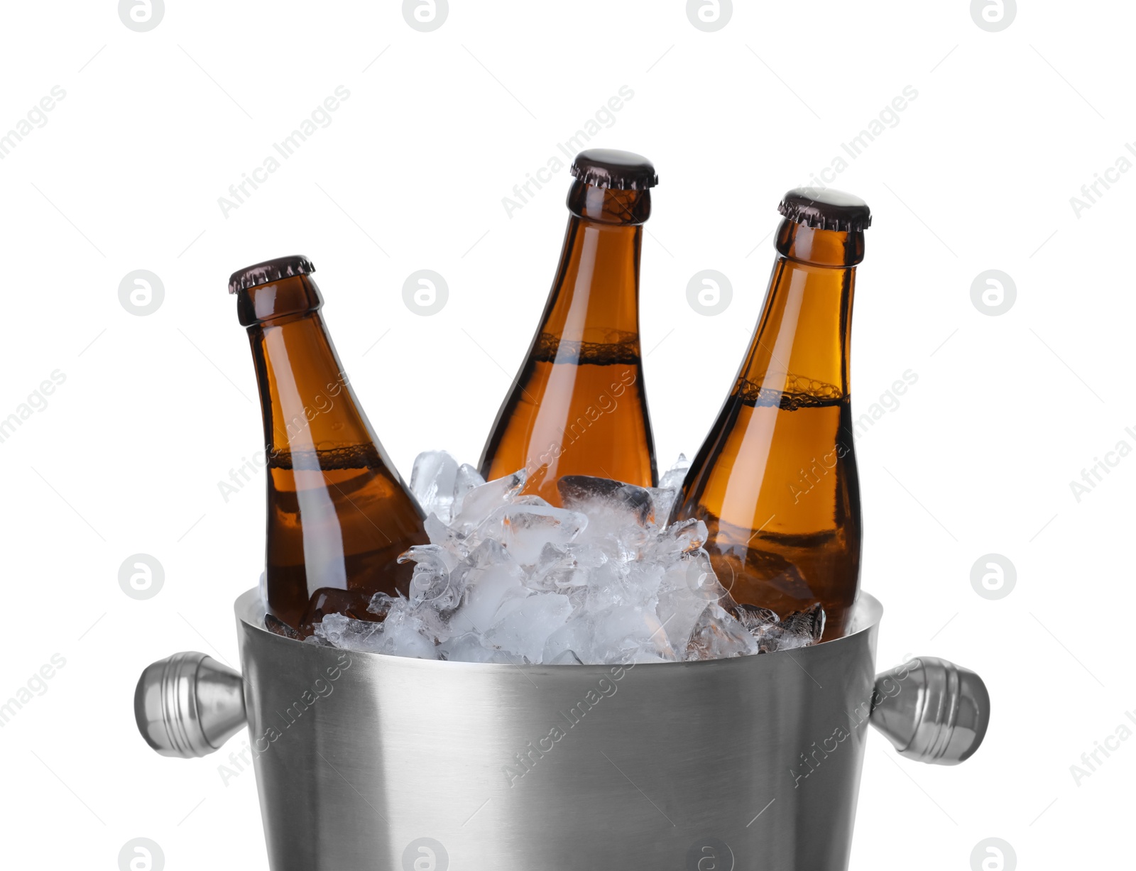 Photo of Metal bucket with beer and ice cubes isolated on white