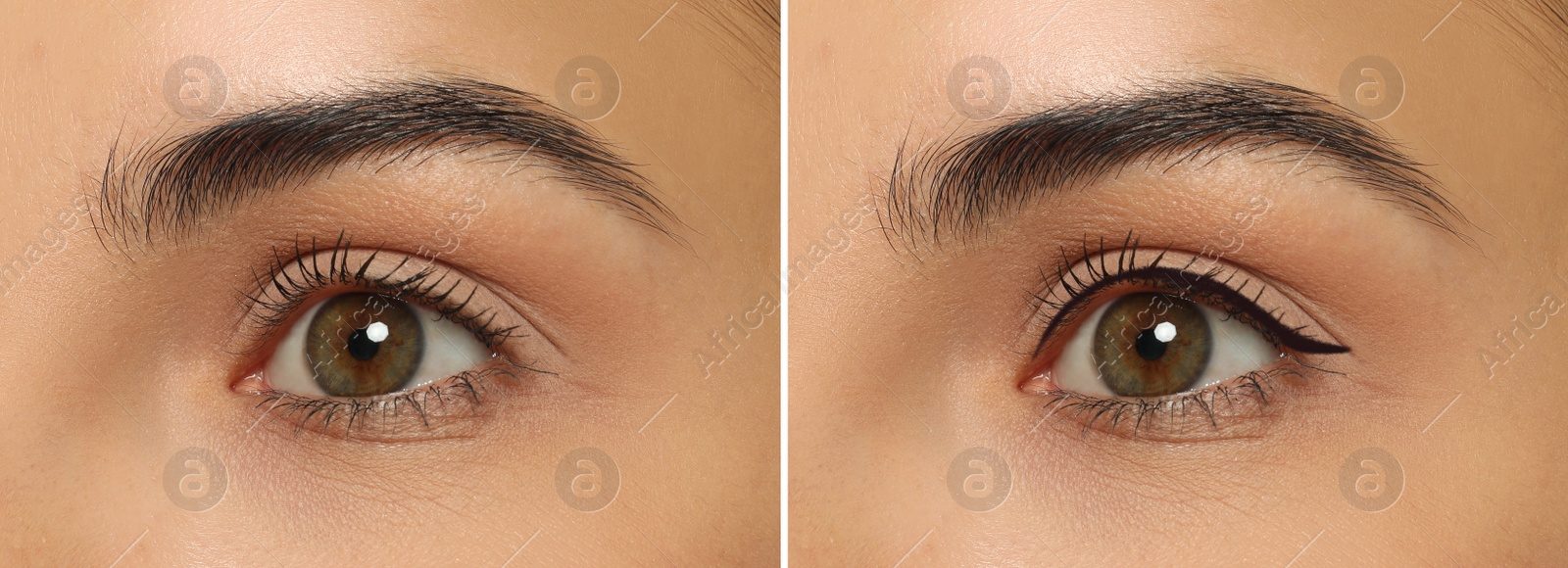 Image of Collage with photos of young woman before and after getting permanent eyeliner makeup, closeup. Banner design