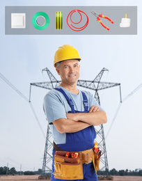 Image of Mature electrician and set of tools against high voltage tower