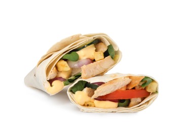 Photo of Delicious shawarmas with chicken meat and fresh vegetables on white background