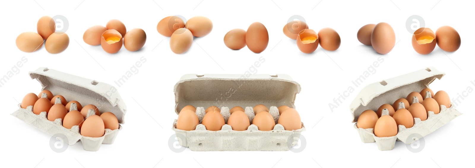 Image of Set of whole and broken eggs on white background, banner design