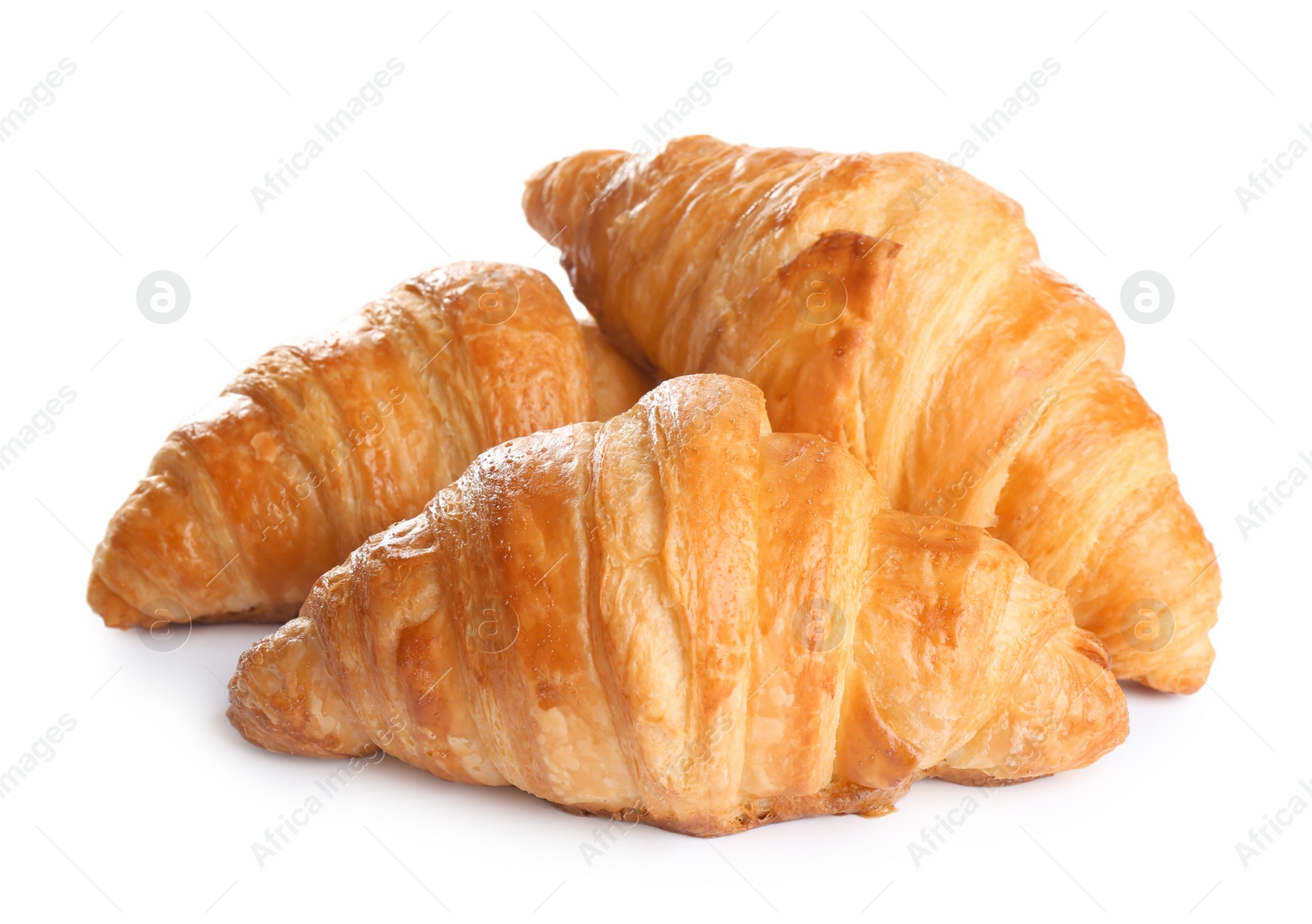 Photo of Fresh tasty croissants on white background. French pastry