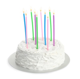 Photo of Birthday cake with candles on white background