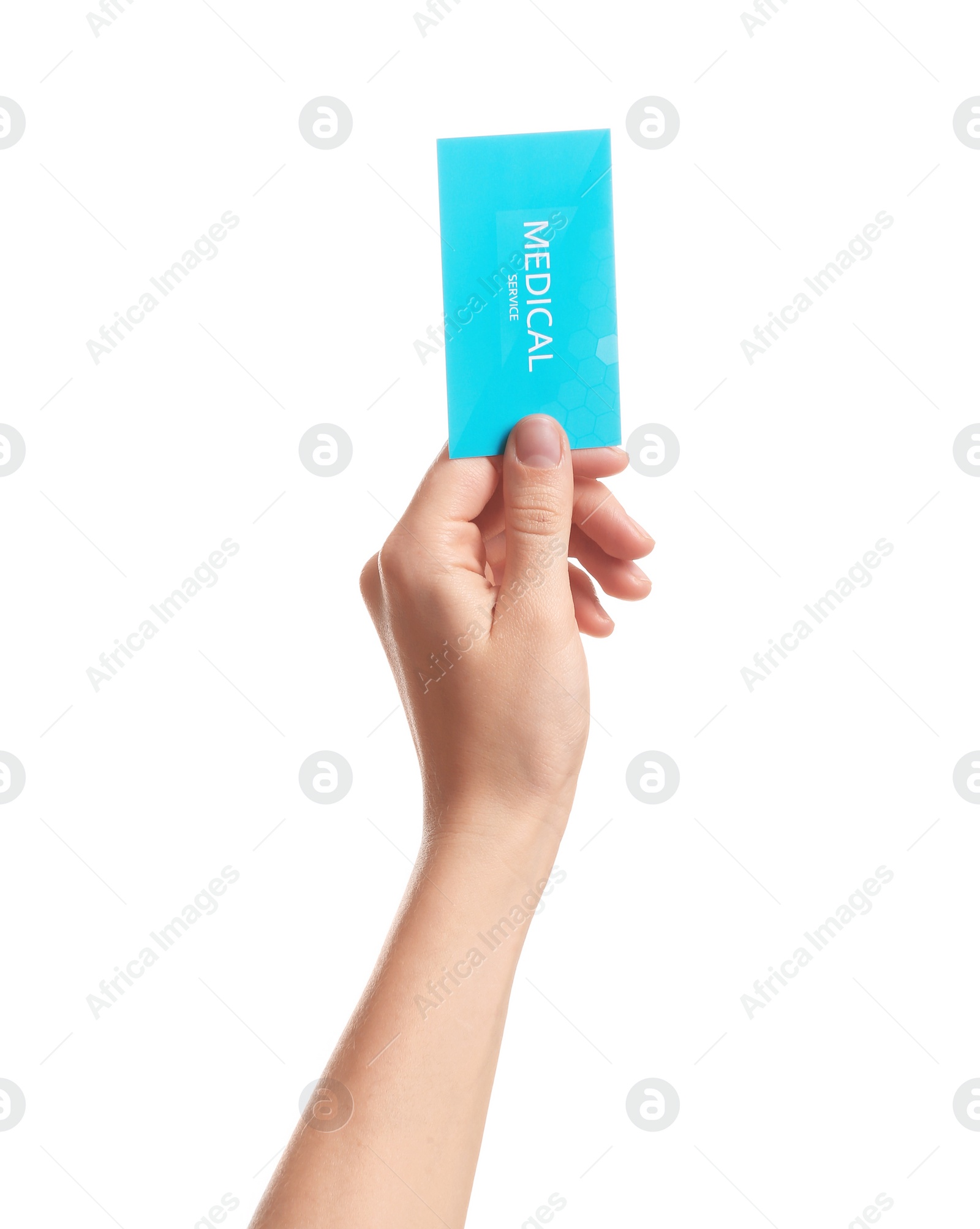 Photo of Woman holding business card isolated on white, closeup. Medical service